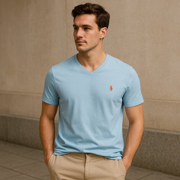 Polo Ralph Lauren Men's V-Neck T-Shirt Light Blue Size Medium - Picture 1 of 5